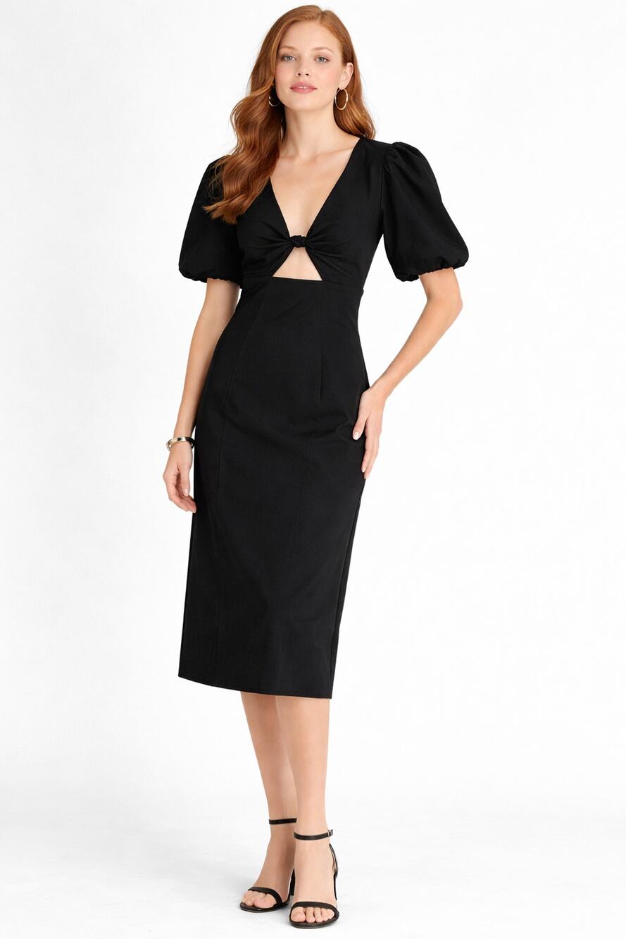J Crew Short Puff Sleeve Cutout Midi Dress Cotton Twill Black Womens Size 2 New